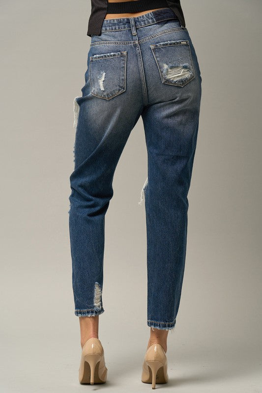 High Waist Destroyed Look Straight Jeans