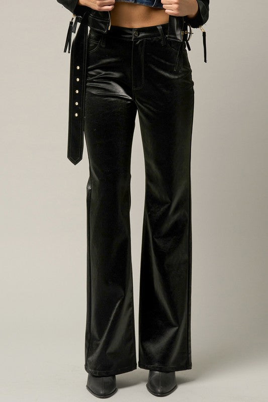 High Rise Flare Shiny PU Fabric Pants