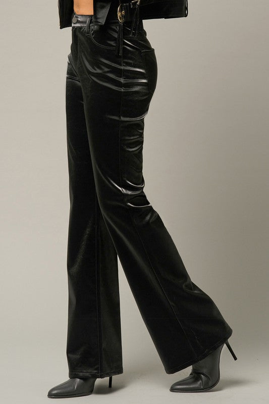 High Rise Flare Shiny PU Fabric Pants