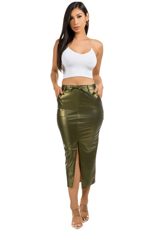 Olive PU Leather Long Maxi Skirt king-general-store-5710.myshopify.com