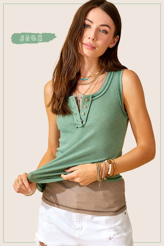 Button Front Kealy Henley Tank Top king-general-store-5710.myshopify.com