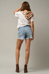 Crossover Waist Medium Wash Denim Shorts