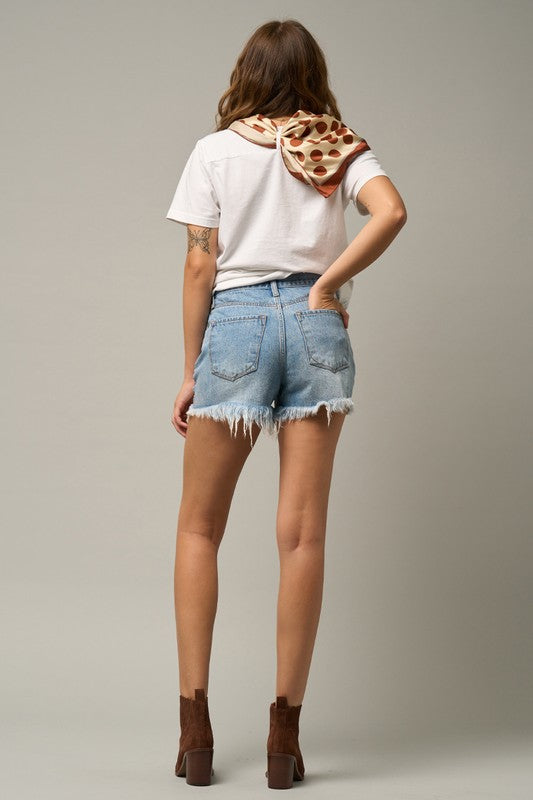 Crossover Waist Medium Wash Denim Shorts