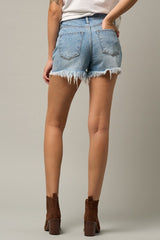 Crossover Waist Medium Wash Denim Shorts