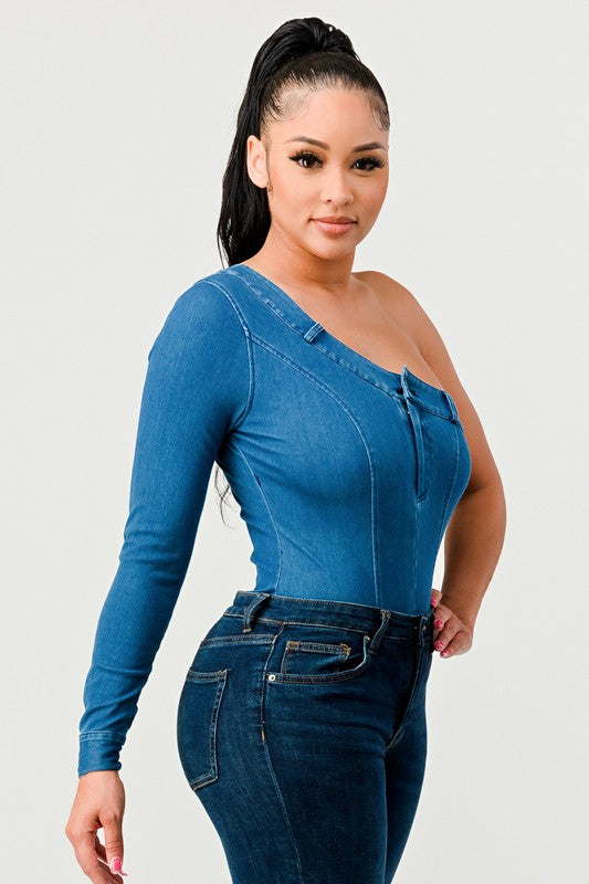 Athina Sleek Asymmetry Denim Bodysuit