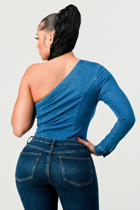 Athina Sleek Asymmetry Denim Bodysuit