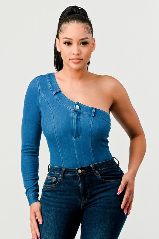 Athina Sleek Asymmetry Denim Bodysuit