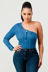 Athina Sleek Asymmetry Denim Bodysuit