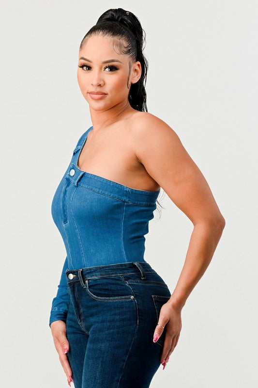 Athina Sleek Asymmetry Denim Bodysuit