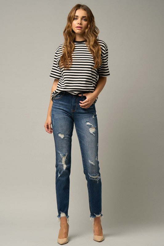 Roll Up Ripped Girlfriend Dark Wash Jeans