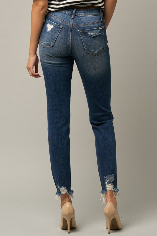 Roll Up Ripped Girlfriend Dark Wash Jeans