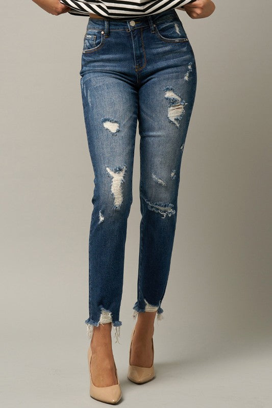 Roll Up Ripped Girlfriend Dark Wash Jeans