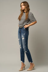 Roll Up Ripped Girlfriend Dark Wash Jeans