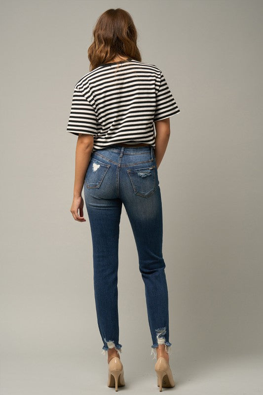 Roll Up Ripped Girlfriend Dark Wash Jeans