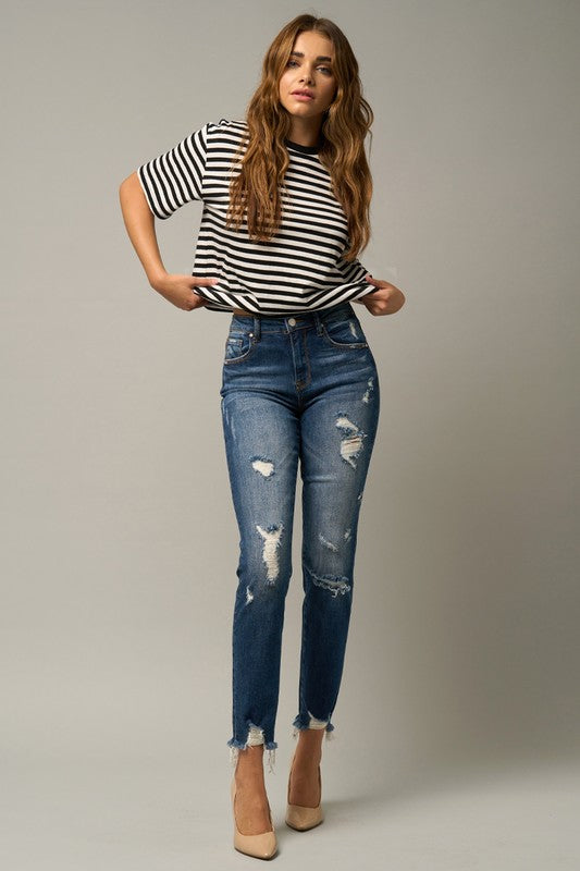 Roll Up Ripped Girlfriend Dark Wash Jeans