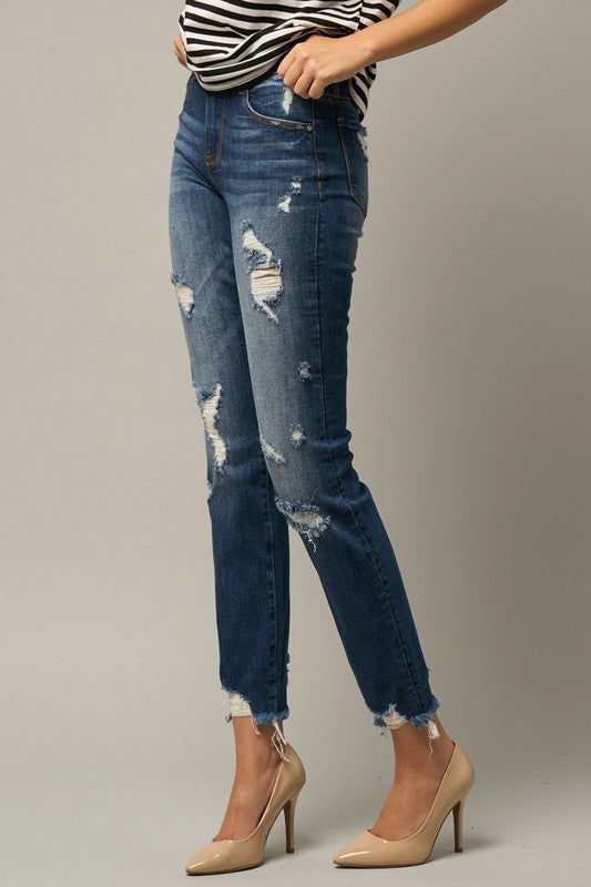 Roll Up Ripped Girlfriend Dark Wash Jeans