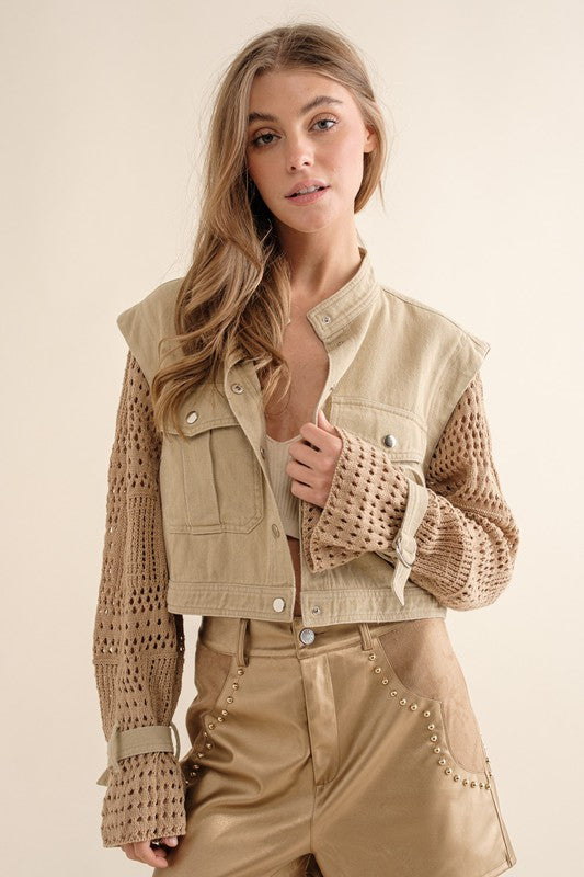 Twill Crop Crochet Sleeve Jacket