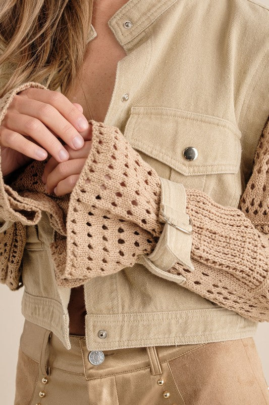 Twill Crop Crochet Sleeve Jacket