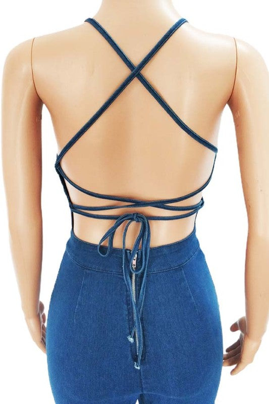 Strip Wrap Neck and Back Look Denim Jumpsuit