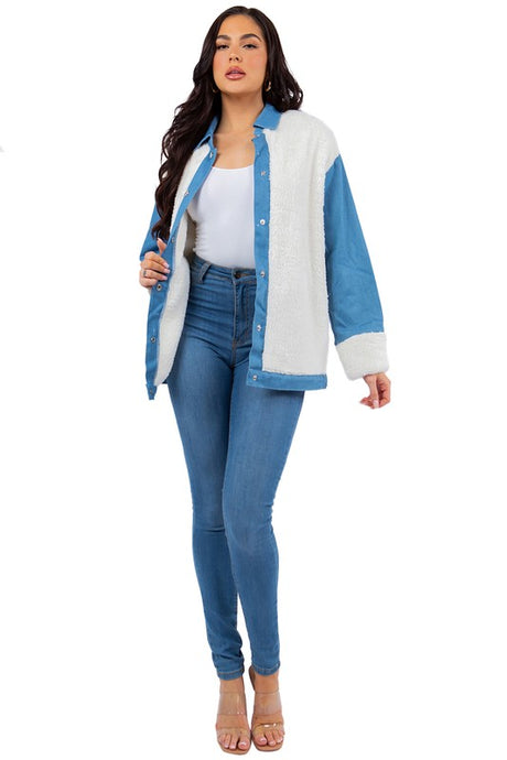 White Teddy Fleece Denim Jacket king-general-store-5710.myshopify.com