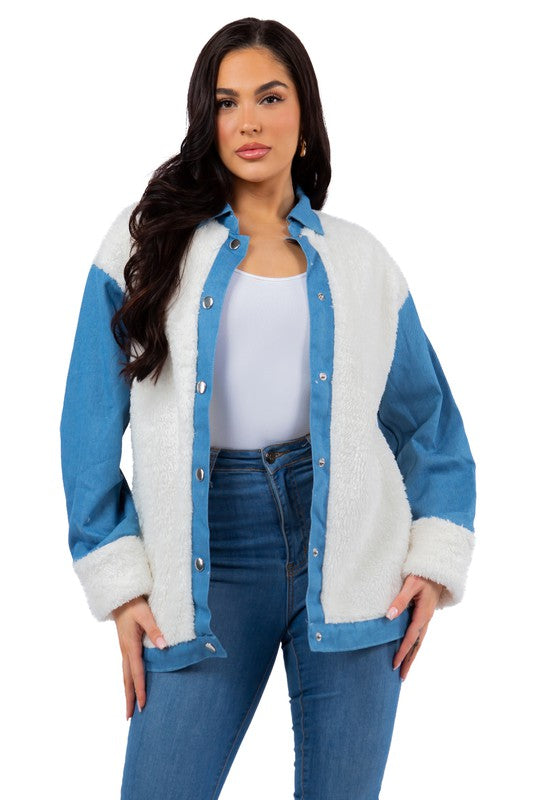 White Teddy Fleece Denim Jacket king-general-store-5710.myshopify.com