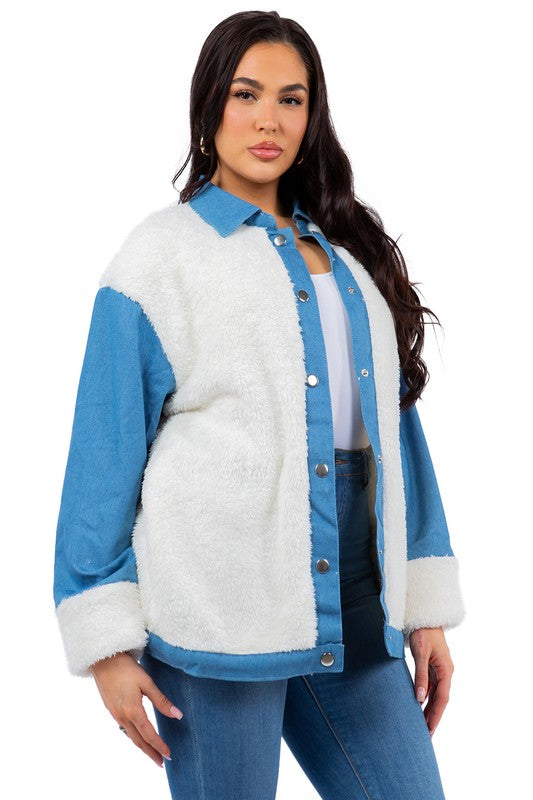 White Teddy Fleece Denim Jacket king-general-store-5710.myshopify.com