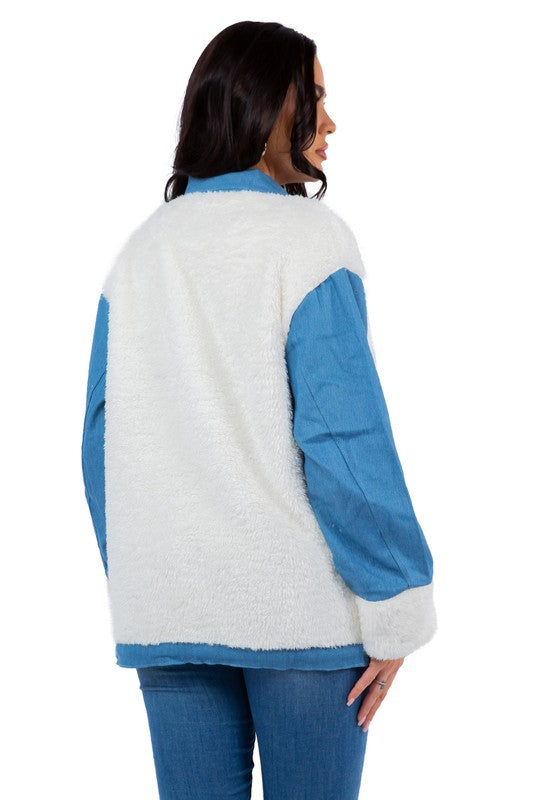 White Teddy Fleece Denim Jacket king-general-store-5710.myshopify.com