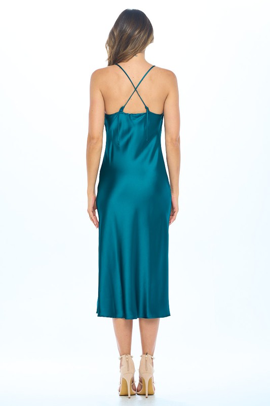 Hunter Green Satin Bias Slip Dress with Slit