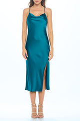 Hunter Green Satin Bias Slip Dress with Slit