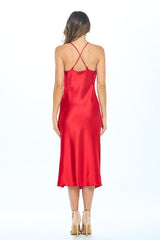 Red Satin Bias Slip Dress with Slit