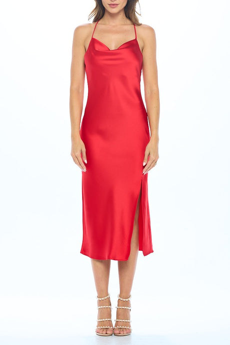 Red Satin Bias Slip Dress with Slit