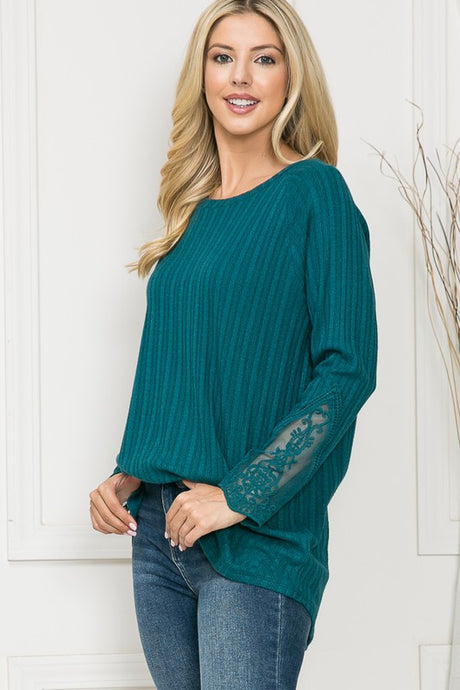 Rib Long Sleeve Sweater with Lace Detail king-general-store-5710.myshopify.com