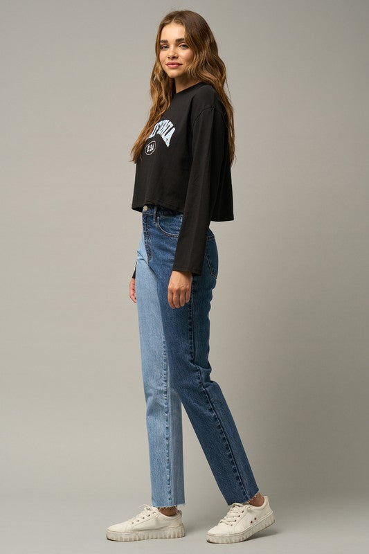 High Rise Two Tone Straight Jeans