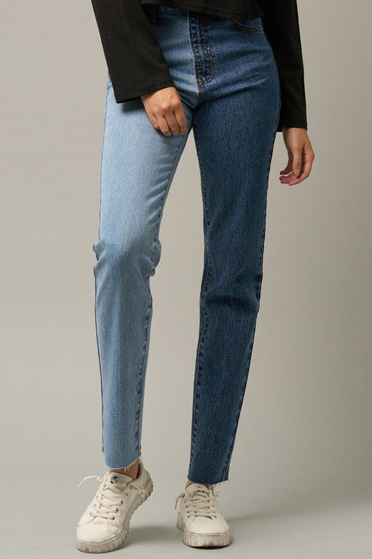 High Rise Two Tone Straight Jeans