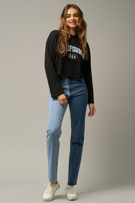 High Rise Two Tone Straight Jeans