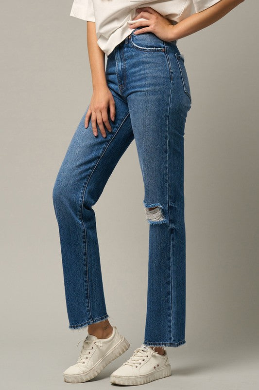 High Rise Straight Dark Wash Denim Jeans