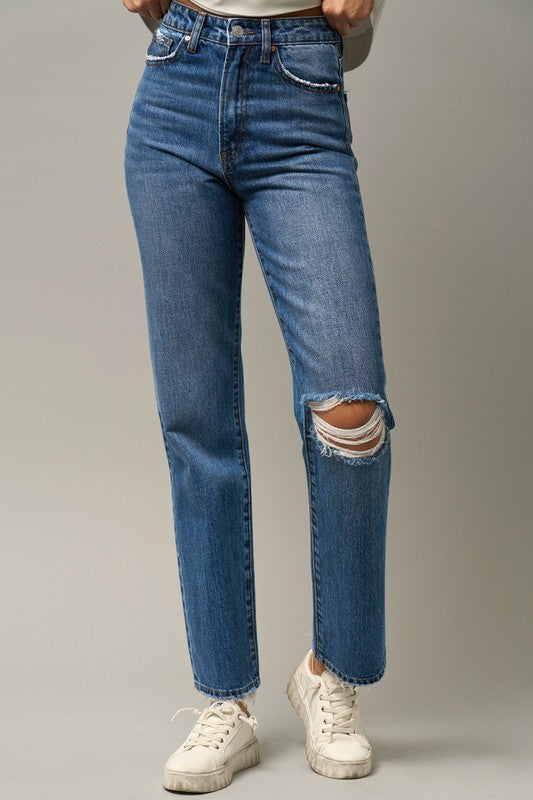 High Rise Straight Dark Wash Denim Jeans