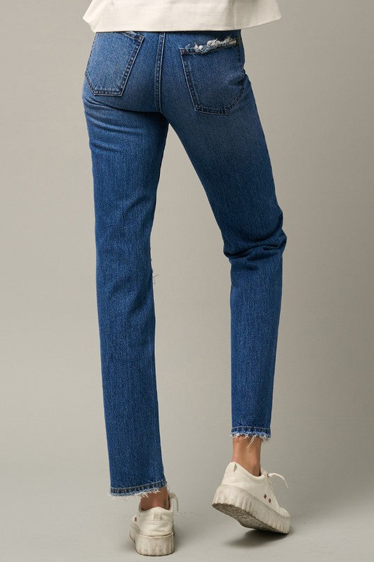 High Rise Straight Dark Wash Denim Jeans