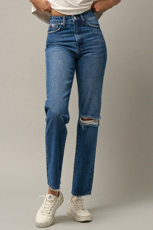 High Rise Straight Dark Wash Denim Jeans