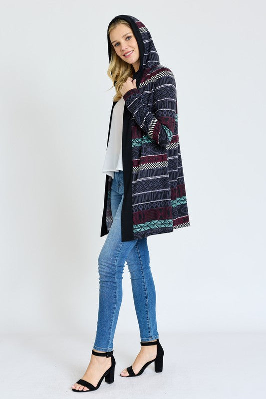 Plus Long Tribal Print Hooded Cardigan king-general-store-5710.myshopify.com