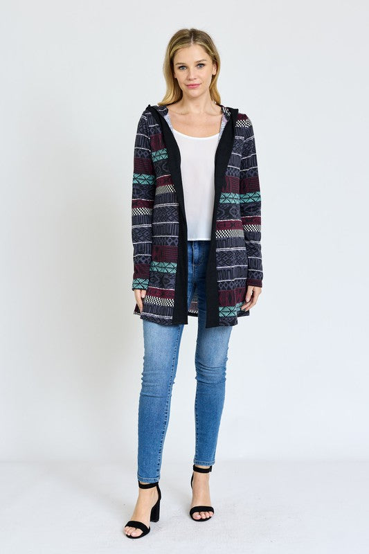 Plus Long Tribal Print Hooded Cardigan king-general-store-5710.myshopify.com