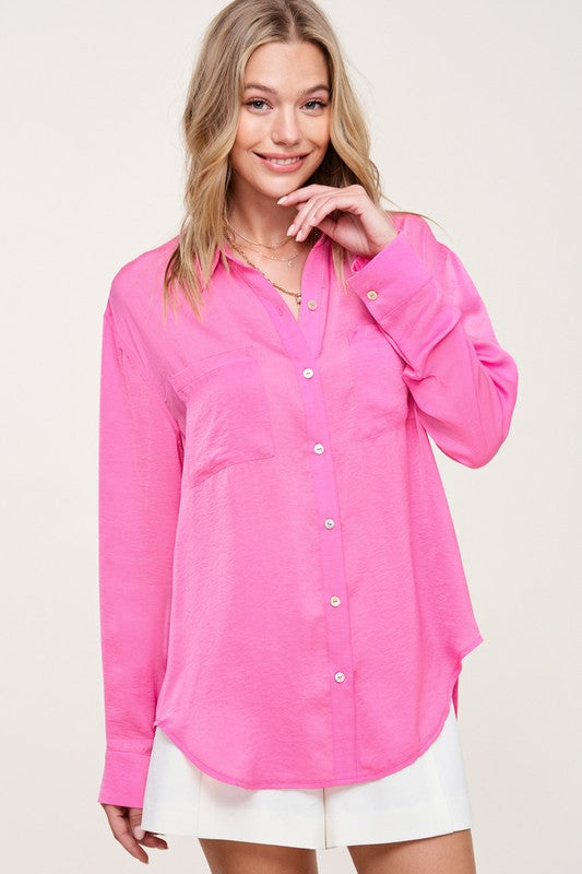 Hazel Silky Front Pockets Shirt Top