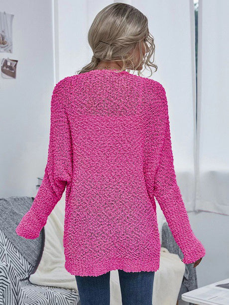 Hot Pink Knit Open Cardigan With Pockets