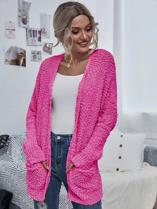 Hot Pink Knit Open Cardigan With Pockets