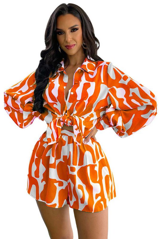 Orange White Long Sleeve Short Set king-general-store-5710.myshopify.com