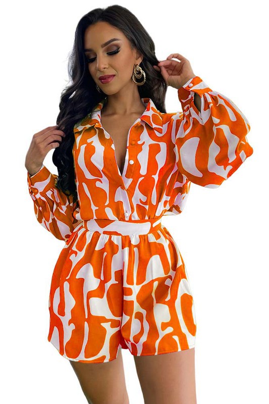 Orange White Long Sleeve Short Set king-general-store-5710.myshopify.com