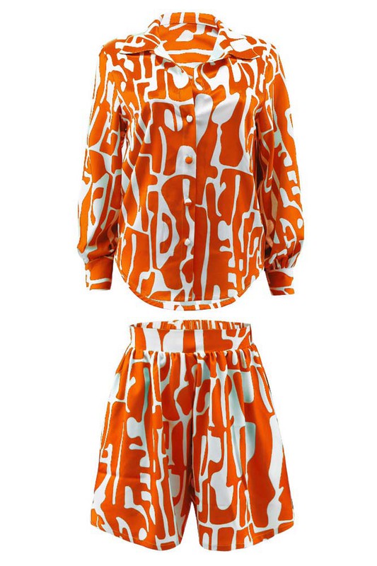 Orange White Long Sleeve Short Set king-general-store-5710.myshopify.com