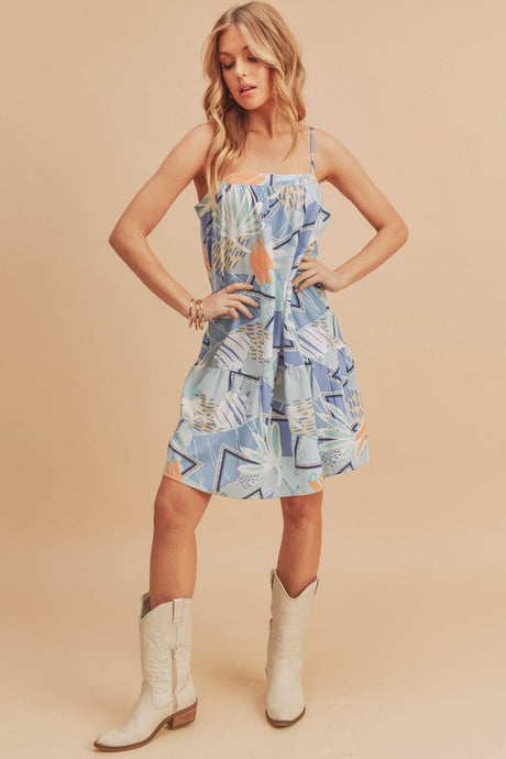 Square Neck Summer Print Mini Dress