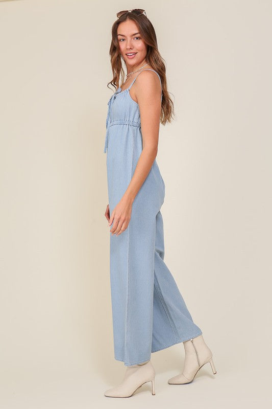 Denim Blue Sleeveless Jumpsuit With Self Tie