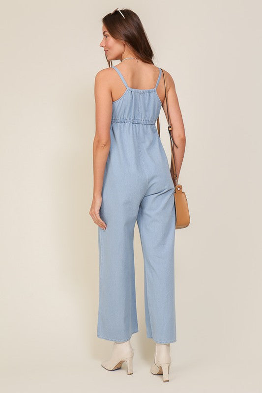 Denim Blue Sleeveless Jumpsuit With Self Tie